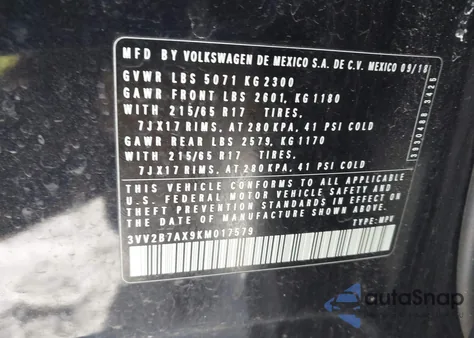 2019 Volkswagen Tiguan from USA, damaged, VIN 3VV2B7AX9KM017579